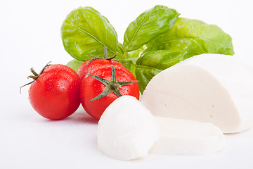 Image showing tasty tomatoe mozzarella salad with basil on white 