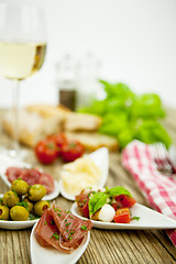 Image showing deliscious antipasti plate with parma parmesan olives 