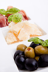 Image showing deliscious antipasti plate with parma parmesan and olives