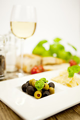 Image showing deliscious antipasti plate with parma parmesan olives 