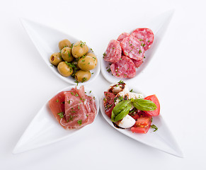 Image showing deliscious antipasti plate with parma parmesan and olives