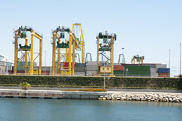 Image showing Working crane bridge in shipyard at dusk for Logistic Import Exp