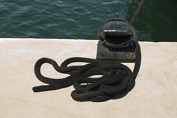 Image showing Close-up of mooring bollard in marina