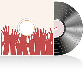 Image showing Vinyl disc cover in many human hands. Vector