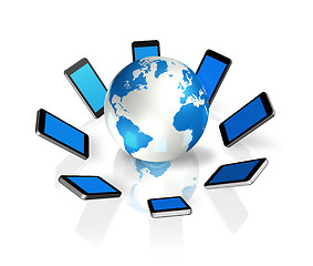 Image showing mobile phones around a world globe