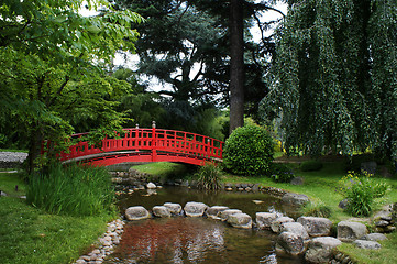 Image showing Red bridge in a japanese garden