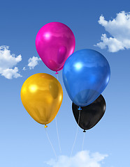 Image showing CMYK colored balloons on a blue sky