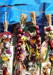 Image showing Herbs, Onion, garlic, spices, lavender, handmade flower bouquets