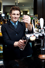 Image showing Handsome mixologist putting ice into tall glass