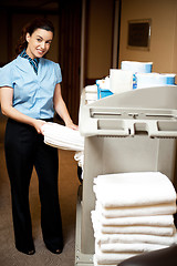 Image showing Housekeeping in charge pulling out the bath towel