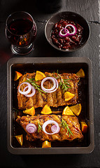 Image showing BBQ spare ribs with chutney and wine