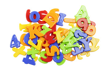 Image showing 	Plastic alphabet letters stacked on a white background