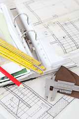 Image showing Architectural plans of the old paper measuring tools and file with the project