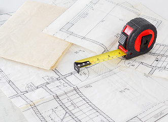 Image showing Architectural plans of the old paper and measuring tape