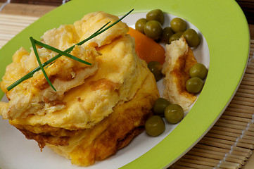 Image showing Fluffy Scrambled Omelet with Green Peas