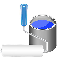 Image showing Paint roller and bucket with blue paint