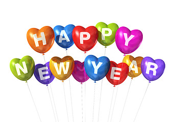 Image showing colored happy new year heart shaped balloons