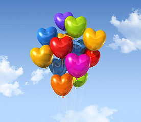 Image showing colored heart shape balloons on a blue sky
