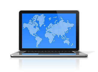 Image showing black Laptop computer isolated on white with worldmap on screen