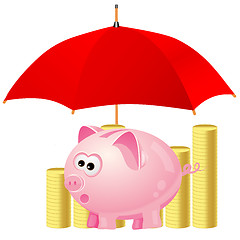 Image showing piggy-bank and money under red umbrella 