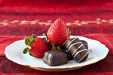 Image showing Strawberries and Chocolates on a Plate