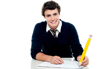 Image showing Smiling attractive youngster kid studying