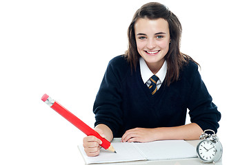 Image showing Profile shot of smiling school girl taking down notes