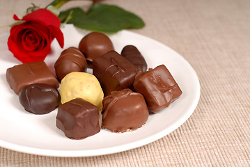 Image showing Variety of chocolates and a rose on a white plate