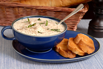 Image showing New England Clam Chowder in a blue bowl