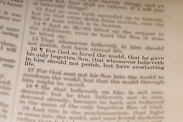 Image showing Old bible showing the biblical verse of John 3:16