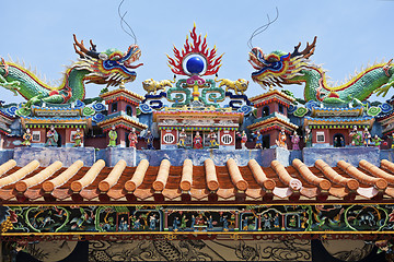 Image showing Dragon statues in Chinese style on top of temple roof 