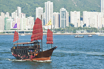 Image showing Junk boat in harbour of Hong Kong