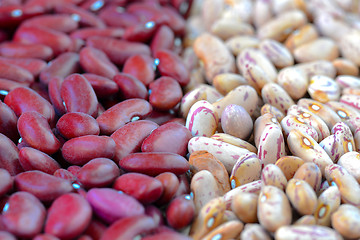 Image showing Close-up dry white and red beans on natural light
