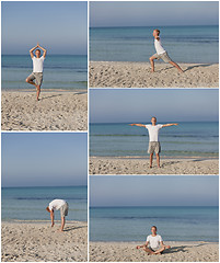 Image showing Man makes yoga sports on the beach collage