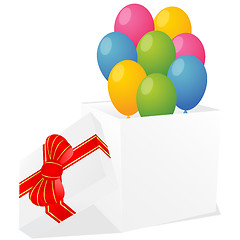 Image showing white gift box with red and gold ribbon bow and balloons