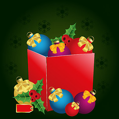 Image showing christmas gift box with price tag, bows and balls