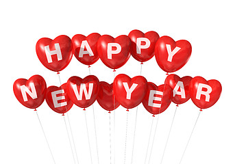 Image showing red happy new year heart shaped balloons