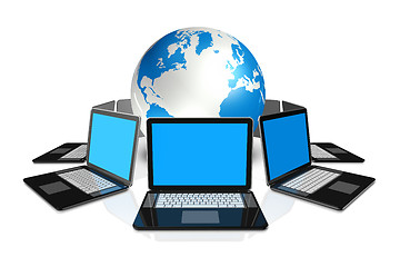 Image showing Laptop computers around a world globe