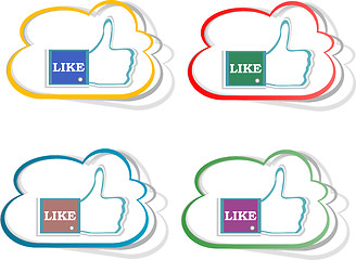 Image showing Thumb up hand with word like stickers set. Vector