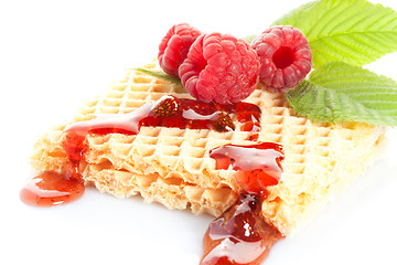 Image showing crispy waffles with raspberry jam