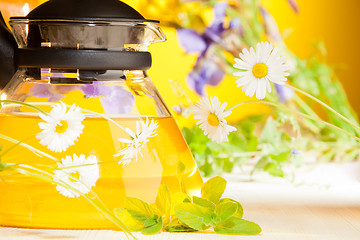 Image showing hot teapot with chamomile flowers