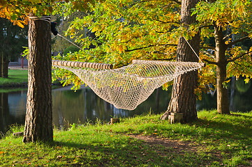 Image showing A hammock near the pond in autumn Park 