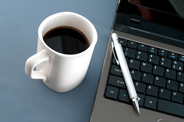 Image showing Notebook, pen and a big coffee