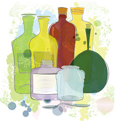 Image showing Water color yellow red green bottles