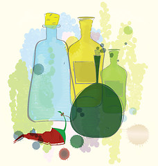 Image showing Water color bottles and red pepper  raster