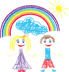 Image showing Crayon pained kids and rainbow