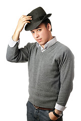 Image showing Young attractive man wearing black hat