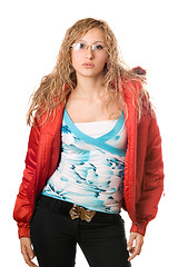 Image showing Young blonde wearing glasses in red jacket