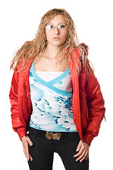 Image showing Young blonde wearing red jacket