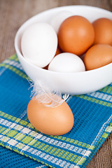 Image showing eggs in a bowl, towel and feathers 